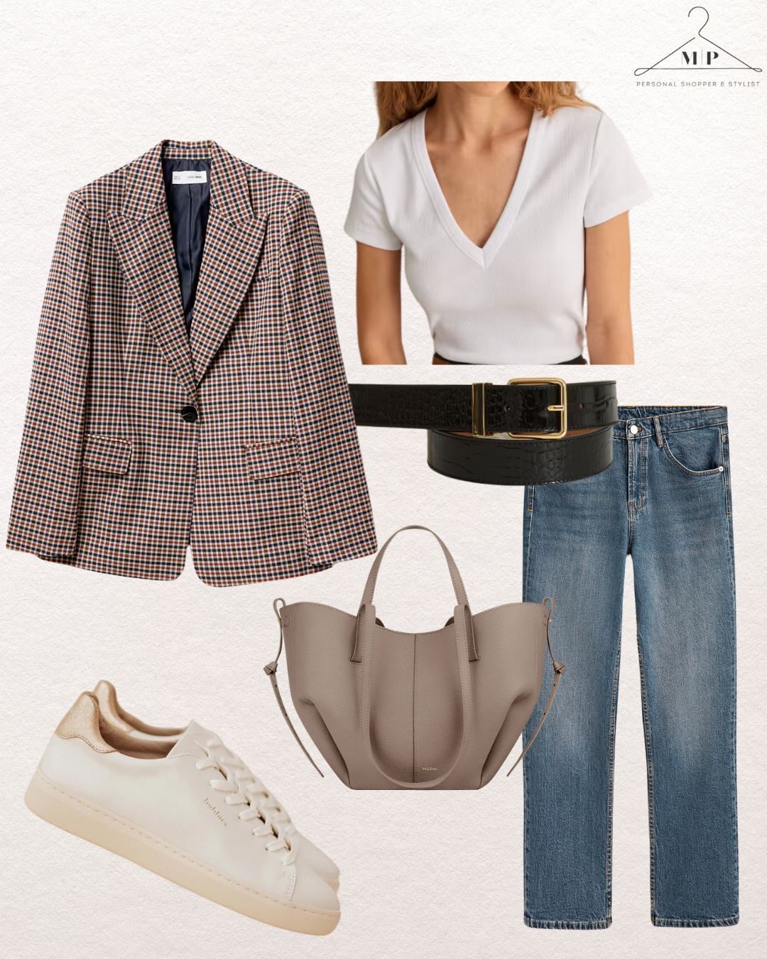 Airport outfit idea: Blouse, plaid blazer, jeans, sneakers, black belt, beige bag on white. "MP Personal Shopper & Stylist" logo in the corner.