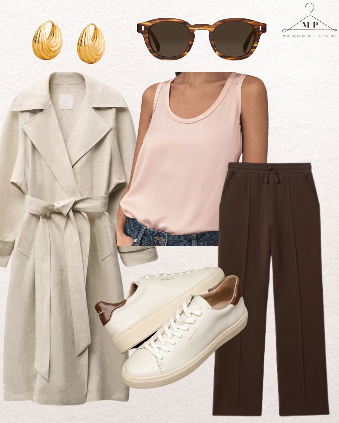 Airport outfit idea Casual outfit collage: beige trench coat, pink tank top, brown pants, white sneakers, gold earrings, tortoiseshell sunglasses