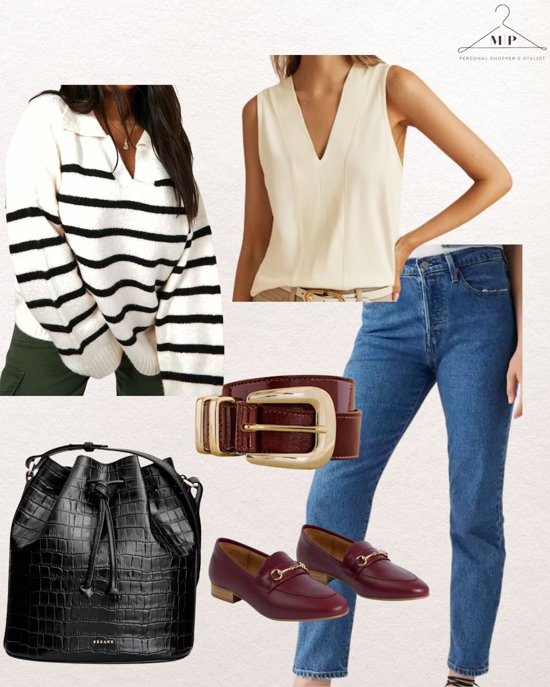 Airport outfit idea: Striped sweater, sleeveless beige top, blue jeans, black crocodile-texture bag, brown belt, burgundy loafers. Neutral background.