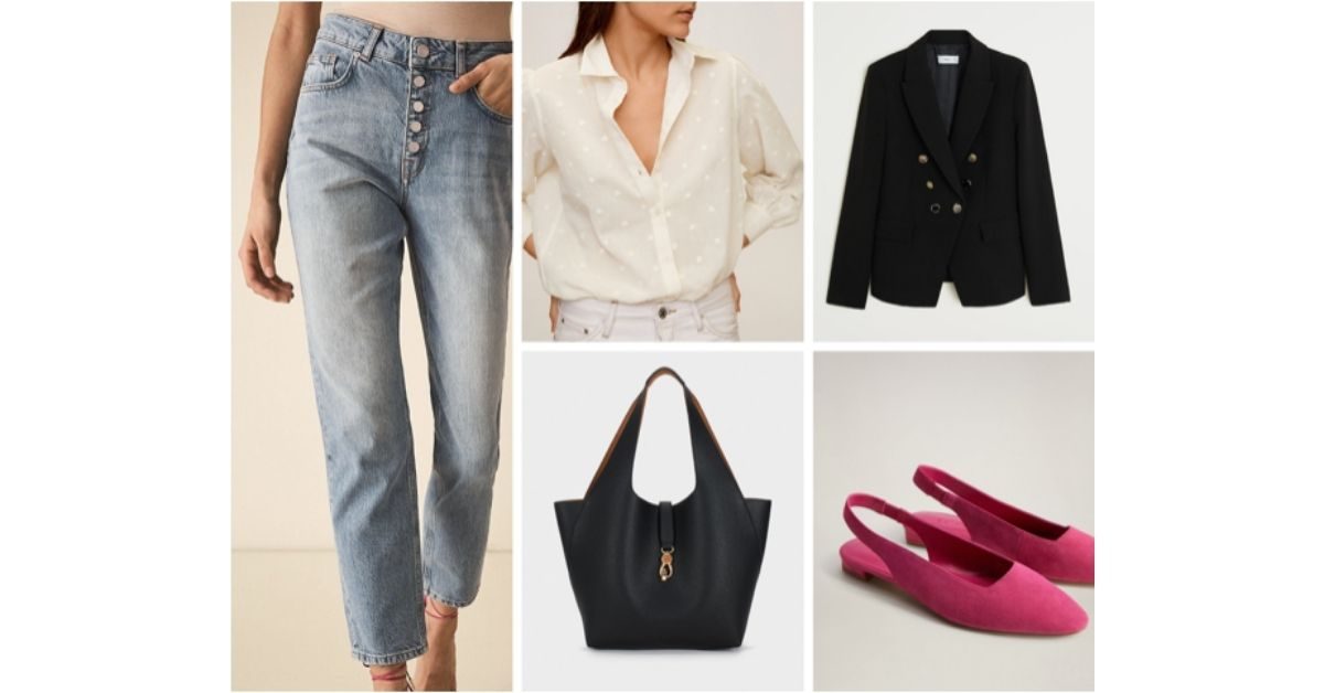 Light-wash button-fly jeans with a cream embroidered blouse, a black double-breasted blazer, a black leather tote and fuchsia suede slingback flats