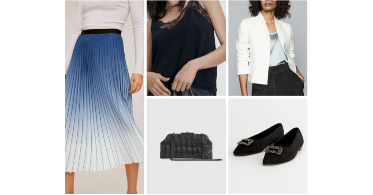 Blue ombre pleated midi skirt with a black lace-trim camisole, a white boucle blazer, a crystal box clutch and black embellished flats