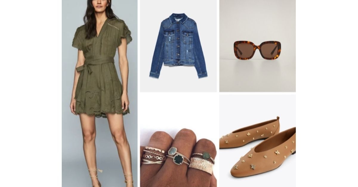 Khaki broderie mini dress with a denim jacket, tortoiseshell sunglasses, stacked rings and tan star-studded ballet flats