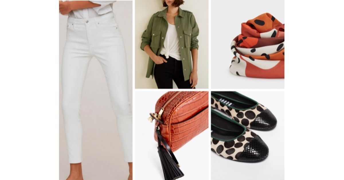 White cropped jeans with an olive utility overshirt, a printed silk scarf, a rust croc-effect tassel bag and spotted pointed flats
