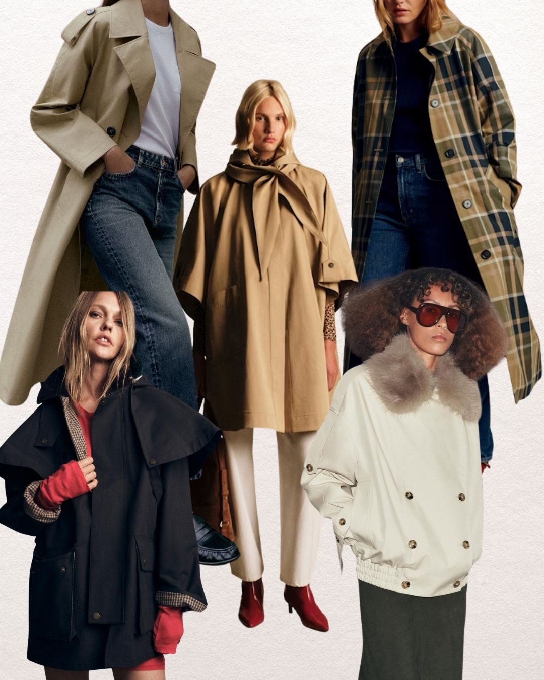 Five autumn coats: a stone trench, a camel cape, a checked overshirt, a black hooded parka and a cream bomber with a shearling collar