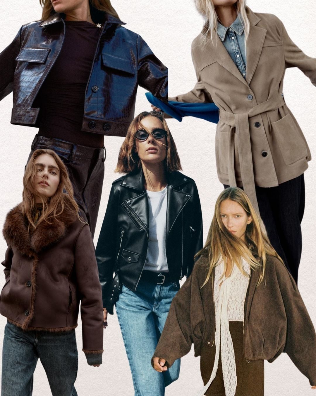 Autumn jackets on models: a denim trucker, a brown shearling coat, a black leather biker, a taupe belted blazer and a brown suede jacket