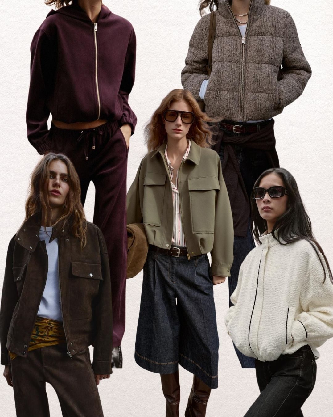 Casual autumn outerwear: a brown suede jacket, burgundy velour tracksuit, olive utility jacket, tweed puffer gilet and a cream teddy bomber