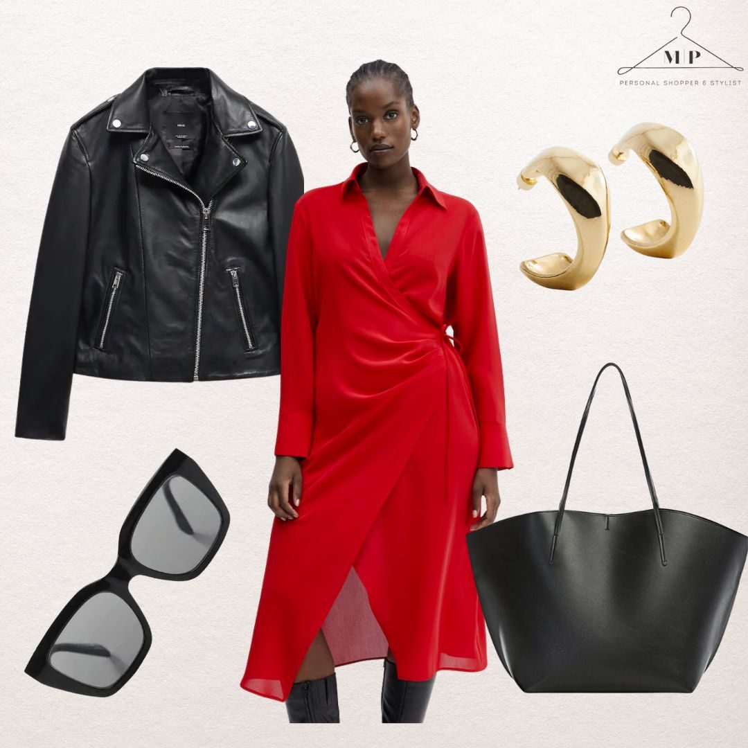Red satin wrap midi dress with a black leather biker jacket, black sunglasses, chunky gold hoop earrings and a large black leather tote