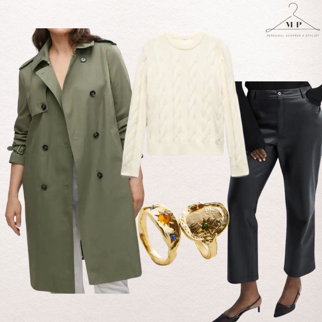 Khaki trench coat with a cream cable-knit jumper, black faux-leather cropped trousers, gold statement rings and black kitten-heel slingbacks