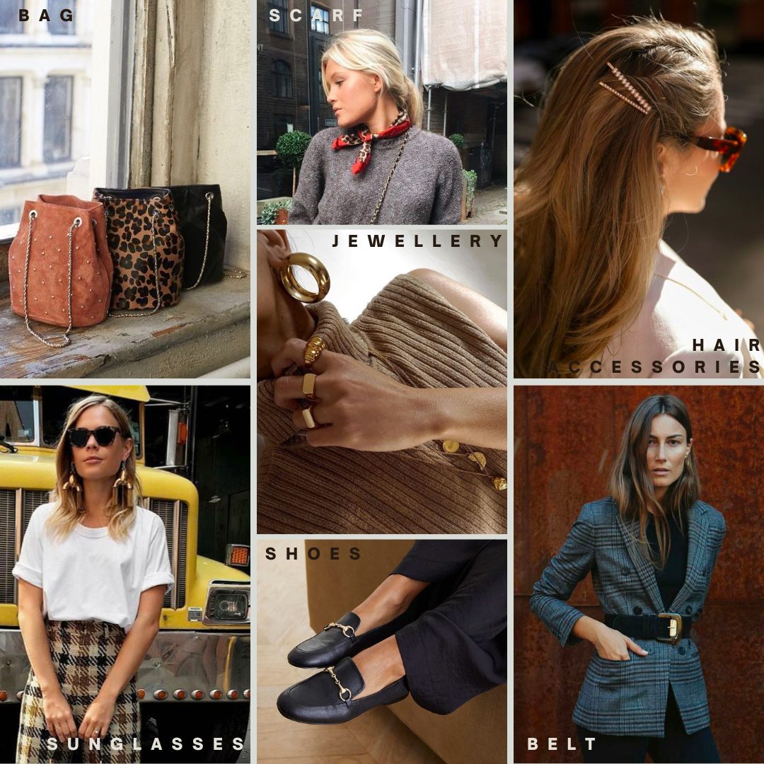 A grid of accessory categories labelled bag, scarf, hair accessories, jewellery, shoes, sunglasses and belt, each with a styled example