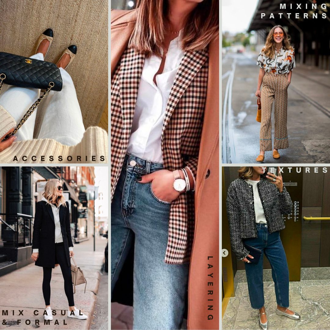 A grid of styling techniques labelled accessories, mixing patterns, layering, textures and mixing casual with formal, each with a street-style example
