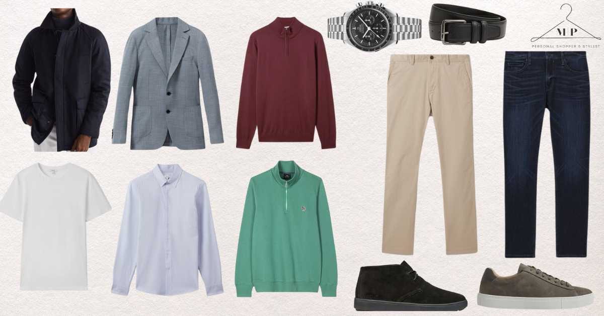 Men's smart-casual capsule: a grey checked blazer, burgundy and green quarter-zip jumpers, a pale blue oxford shirt, beige chinos, a chronograph watch, black belt and black suede boots