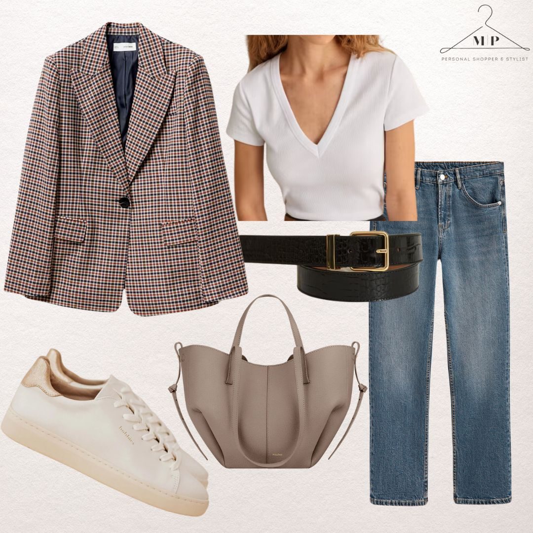 Fashion collage: plaid blazer, white V-neck tee, blue jeans, black belt, taupe handbag, white sneakers. Minimalist style on beige background. Created by Maria Personal Shopper