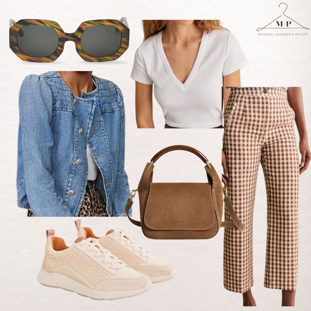 Denim jacket, white V-neck top, chequered pants, brown handbag, beige sneakers, and tiger print sunglasses on beige background. Created by Maria Personal Shopper