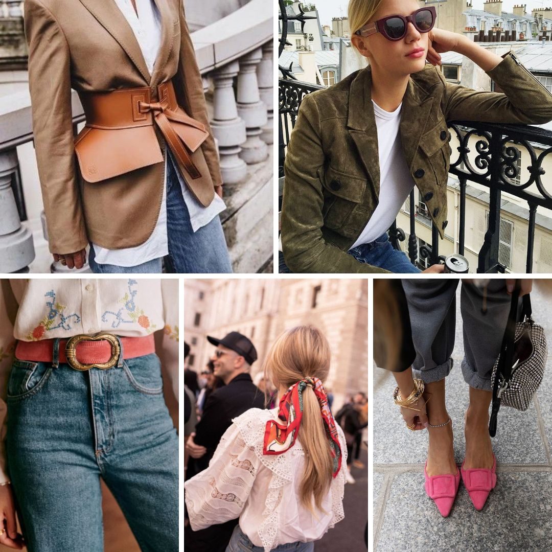 Collage of stylish outfits: belted blazer, suede jacket with sunglasses, embroidered blouse, scarf in hair, pink flats, urban backdrop.