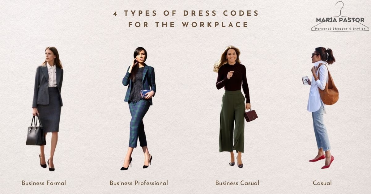 Two workplace dress codes for women, labelled business professional in a checked suit and heels, and business casual with a fine-knit top and olive culottes