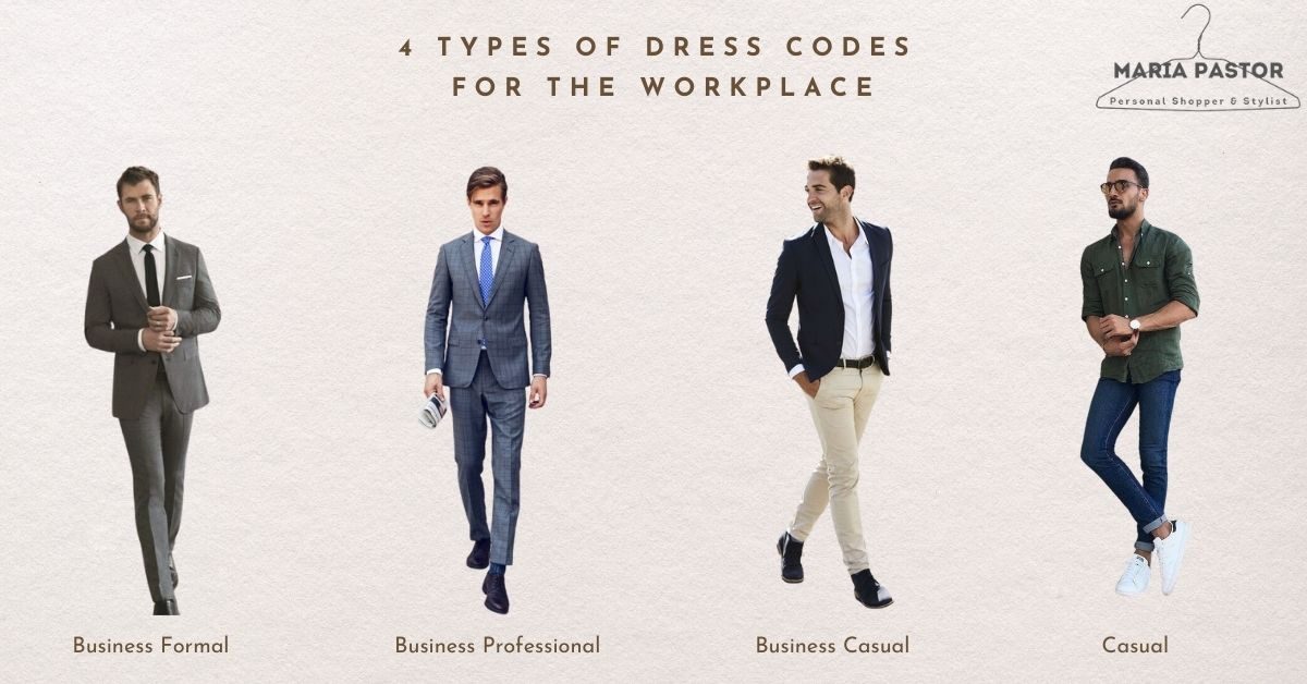 Two workplace dress codes for men, labelled business professional in a grey checked suit and tie, and business casual in a navy blazer with an open shirt and chinos
