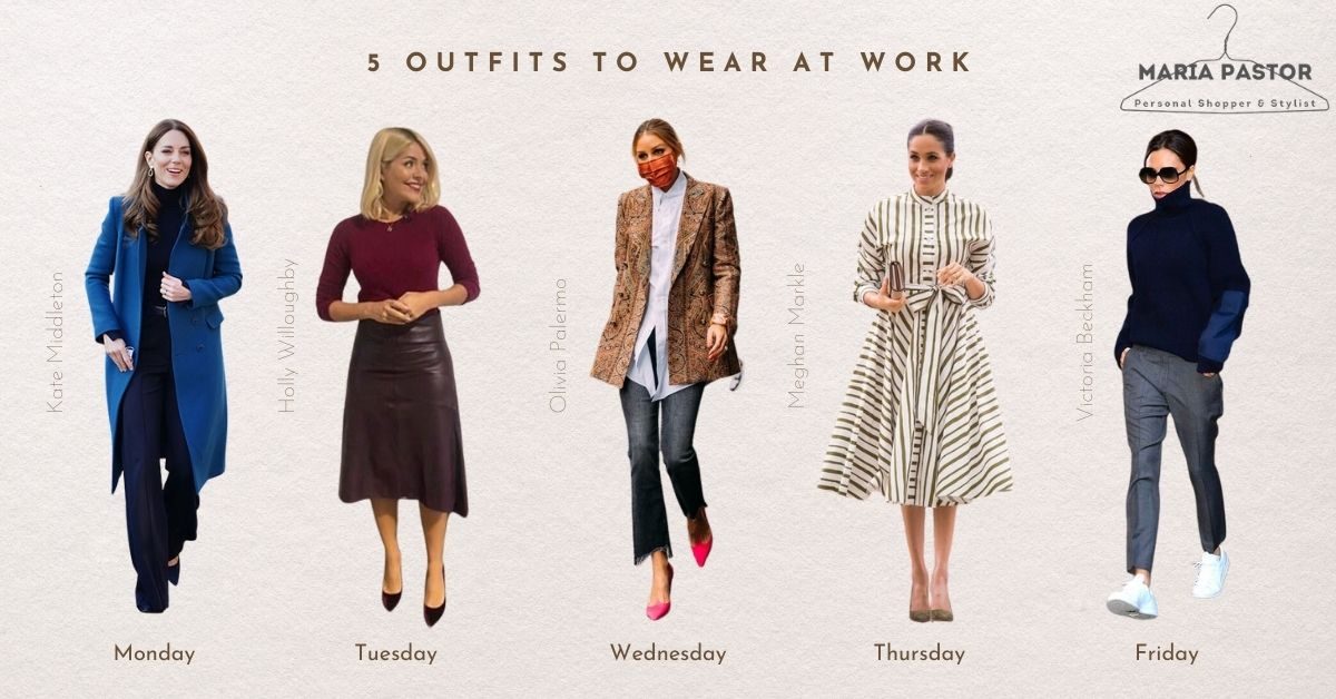 Three work outfits labelled Tuesday, Wednesday and Thursday: a burgundy top with an oxblood leather midi skirt, a paisley blazer with jeans and pink heels, and a striped shirt dress
