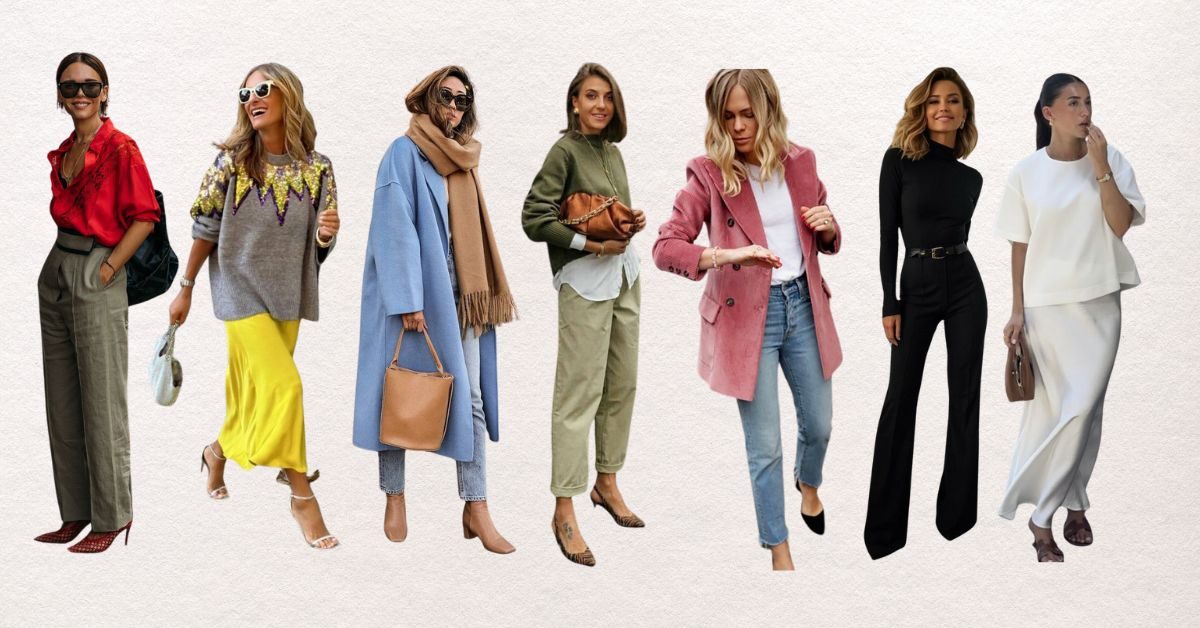 Seven women pose in stylish outfits against a plain background. Fashion includes red, yellow, blue, pink, and neutral tones, with varied textures.