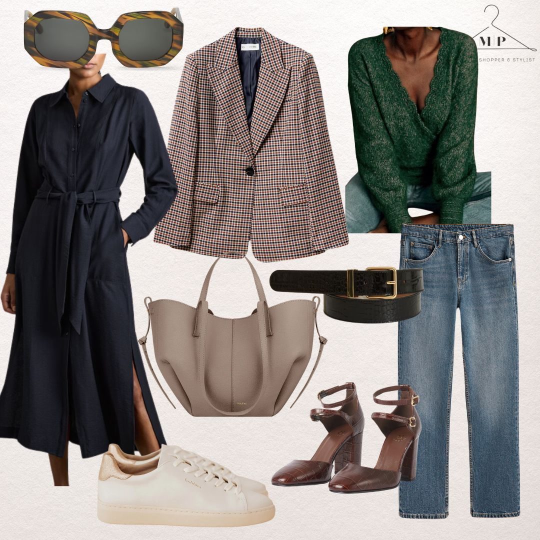 Fashion collage: dark dress, chequered blazer, green sweater, jeans, beige bag, black belt, sunglasses, sneakers, heels, white backdrop.
