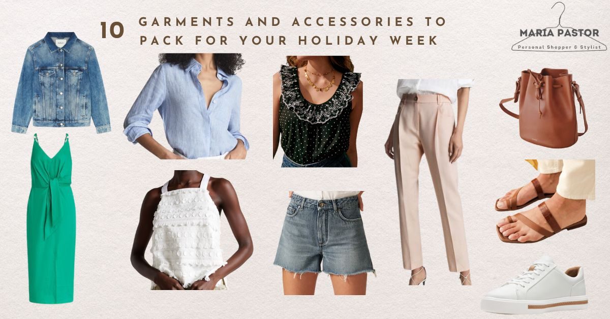 Holiday packing edit: a blue linen shirt, a black ruffled polka-dot top, blush tailored trousers, a white textured cami and denim shorts