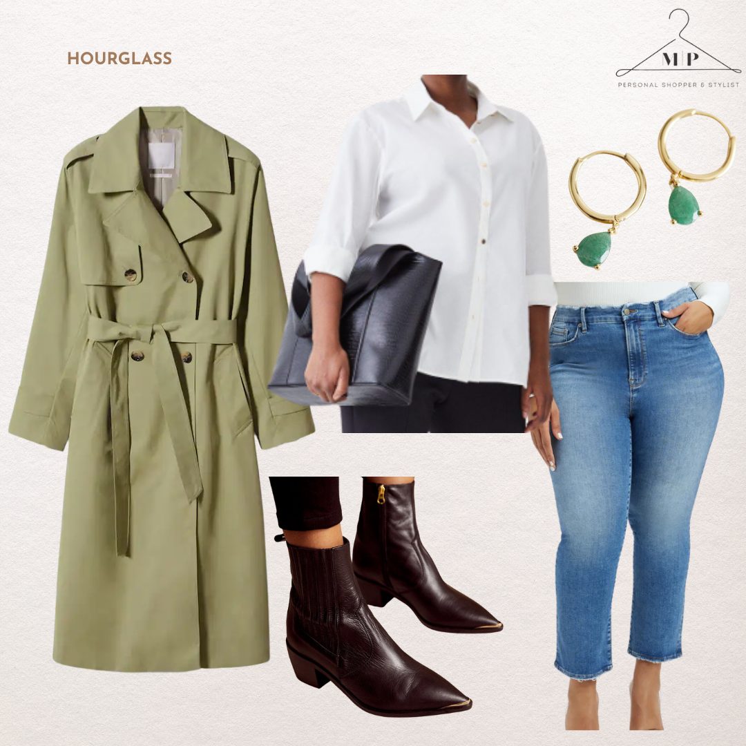 Outfit for an hourglass body shape: an olive trench coat with a white shirt, cropped jeans, green drop earrings, a black clutch and burgundy ankle boots