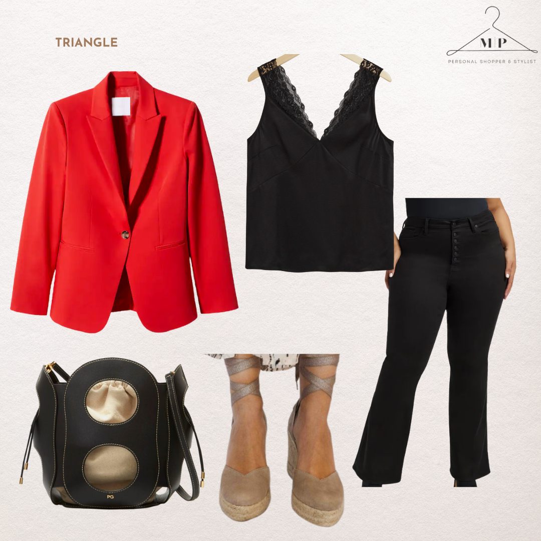 Outfit for a triangle body shape: a red blazer with a black lace-trim camisole, black flared jeans, a black bucket bag and taupe espadrille wedges