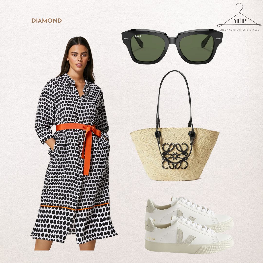 Outfit for a diamond body shape: a black and white spot-print shirt dress with an orange tie belt, black sunglasses, a raffia tote and white trainers