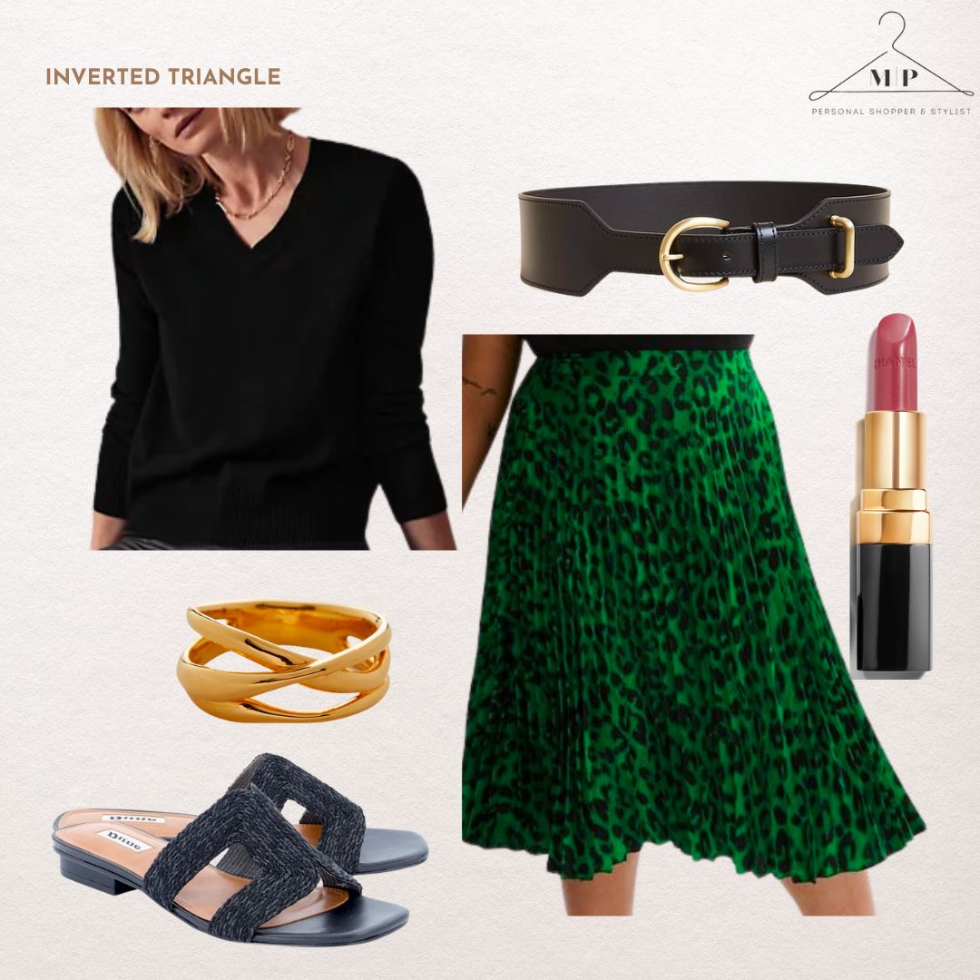 Outfit for an inverted triangle body shape: a black V-neck jumper with a green leopard-print pleated midi skirt, a wide black belt, a gold ring, navy slides and a rose lipstick