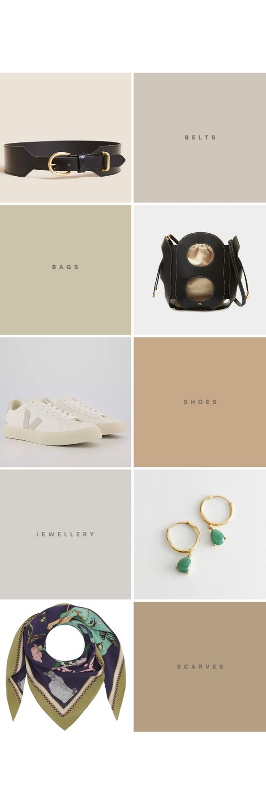 A grid of capsule accessories labelled bags and shoes: a black bucket bag, white leather trainers and small gold hoop earrings