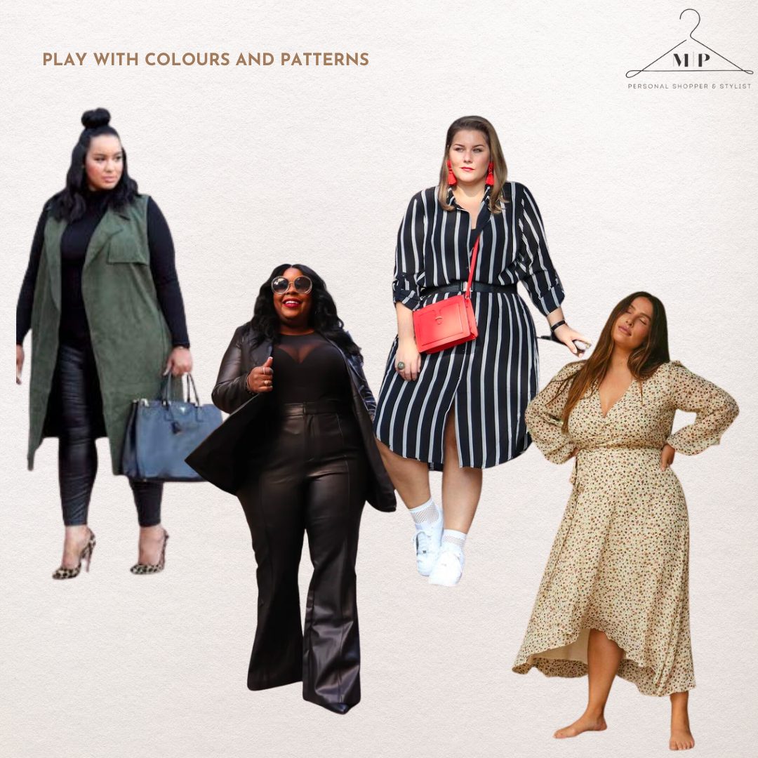 Four plus-size outfits playing with colour and pattern: an olive longline waistcoat, an all-black leather look, a navy striped shirt dress and a cream leopard-print wrap dress