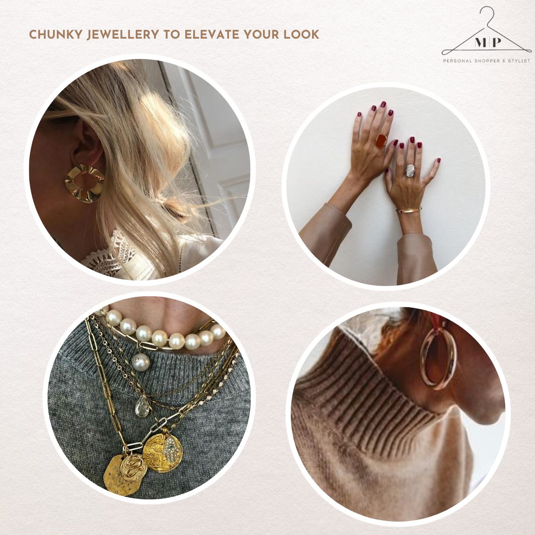 Four close-ups of chunky jewellery: a gold statement earring, stacked rings, layered coin necklaces with pearls, and large gold hoops