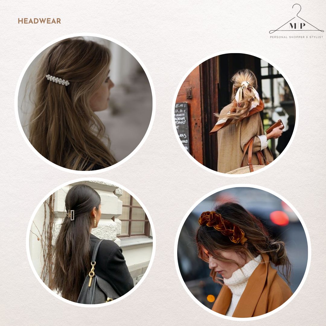 Four hair accessory close-ups: a pearl slide, a silk scarf tied around a ponytail, a rectangular gold clip and a tortoiseshell claw clip