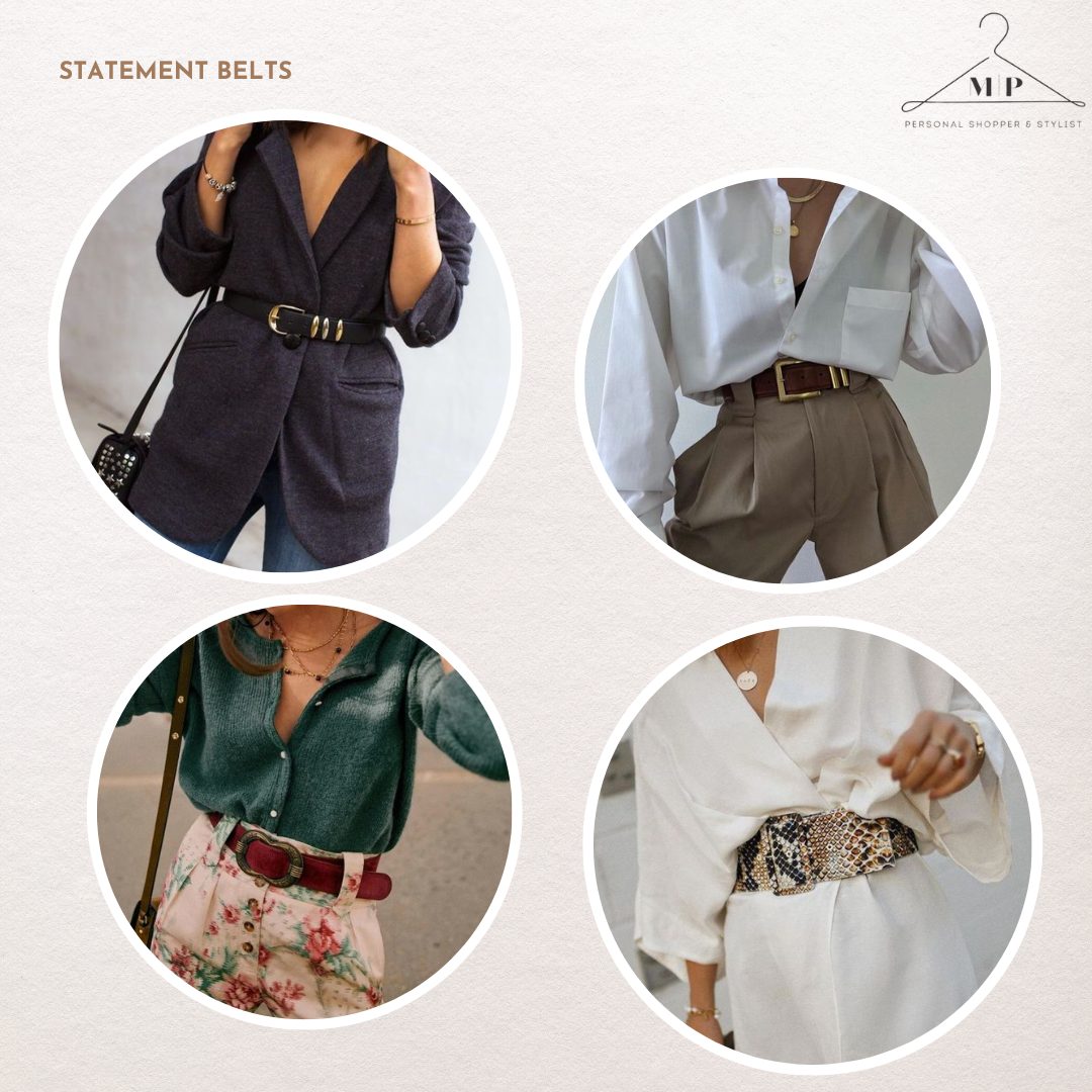 Four statement belts: a gold buckle over a grey blazer, a brown belt with pleated trousers, a red belt with a floral skirt, and a snakeskin belt over white