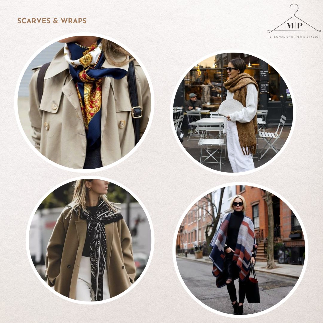 Four ways to wear scarves: a printed silk scarf at a trench collar, an oversized camel scarf, a black and white scarf knotted at the neck, and a checked blanket wrap