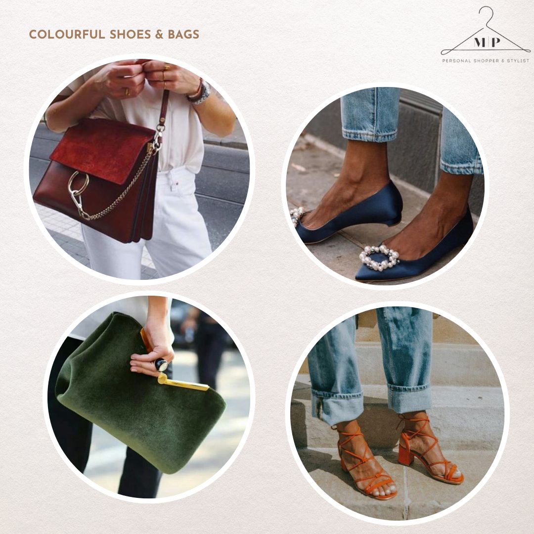 Four colourful accessories: a red suede shoulder bag, navy flats with pearl buckles, a green velvet clutch and orange lace-up block-heel sandals