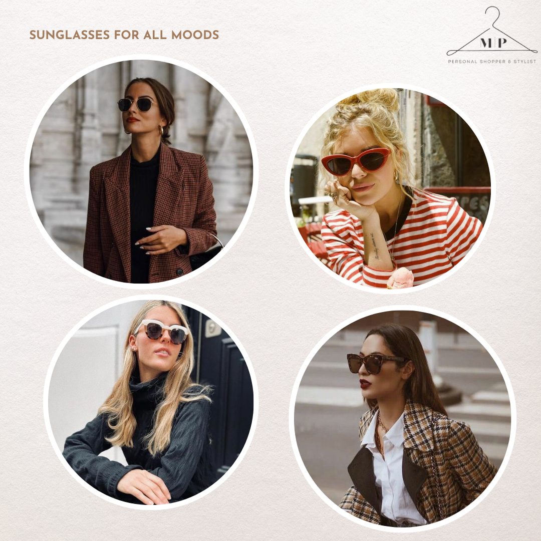 Four sunglasses styles: round frames with a checked blazer, red cat-eye frames, oversized frames with a polo neck and square frames with a checked coat