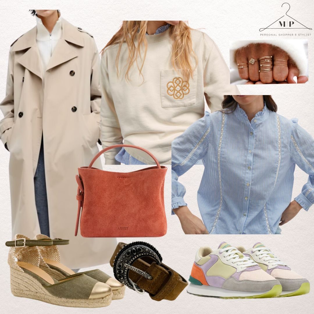 Stone trench coat with a cream embroidered sweatshirt, a blue striped ruffle blouse, a coral suede handbag, gold rings, khaki espadrille wedges and pastel trainers