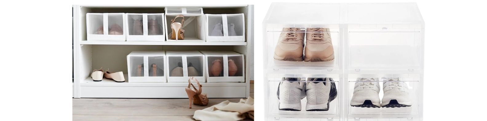 Clear-fronted stackable shoe boxes holding trainers and heels, stored on a shelf and beside a wardrobe