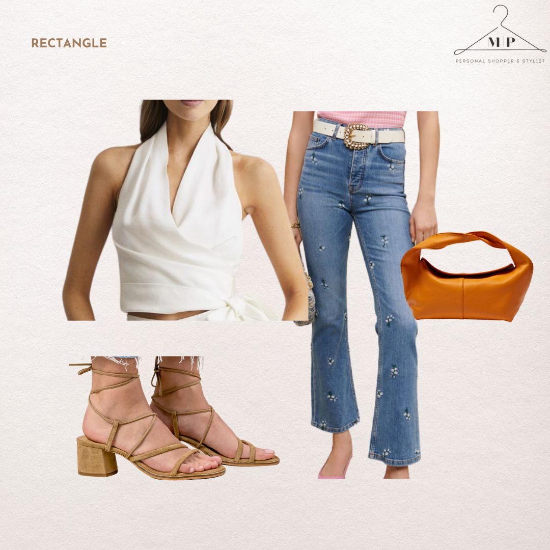 Outfit for a rectangle body shape: a white halterneck wrap top, embellished cropped flared jeans, a pink and gold belt, an orange leather bag and tan lace-up block heels