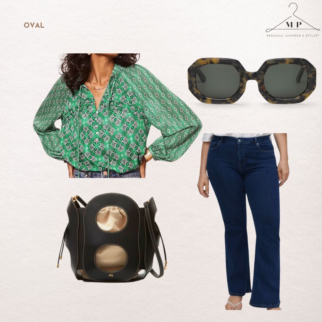 Outfit for an oval body shape: a green geometric-print blouse with dark bootcut jeans, tortoiseshell sunglasses and a black leather bucket bag