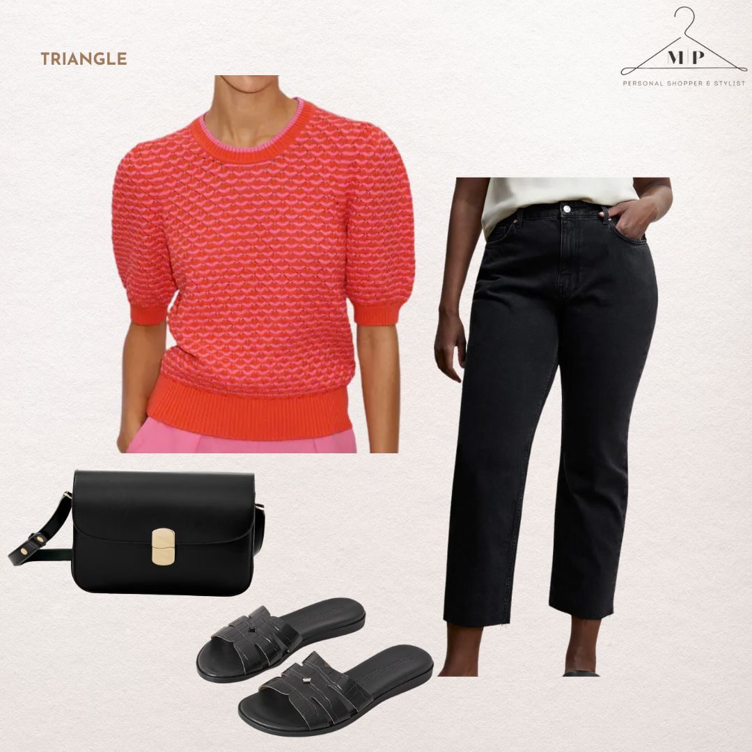 Outfit for a triangle body shape: a coral textured puff-sleeve jumper with black straight-leg jeans, a black crossbody bag and black woven slides
