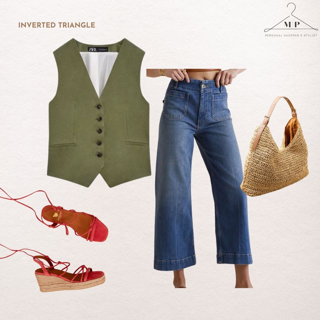 Outfit for an inverted triangle body shape: an olive waistcoat with cropped wide-leg jeans, a straw shoulder bag and red lace-up espadrille sandals