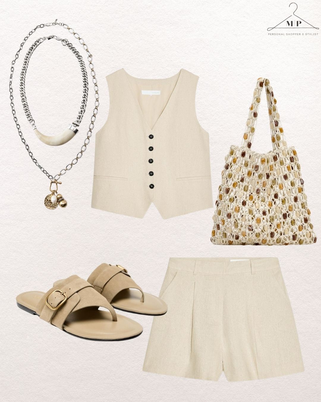 Beige vest, shorts, and sandals styled with a beaded bag and layered necklace on a textured white background. Simple, chic look. How to stay stylish in the heat