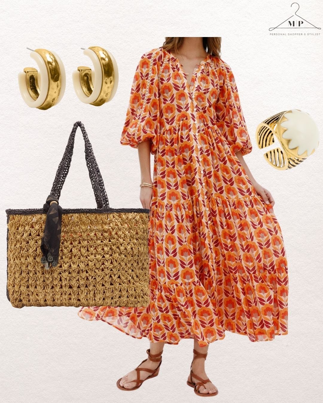 Woman in floral orange dress, wearing brown sandals. Accessories include gold earrings, woven bag, and gold ring. Background is plain white. How to stay stylish in the heat