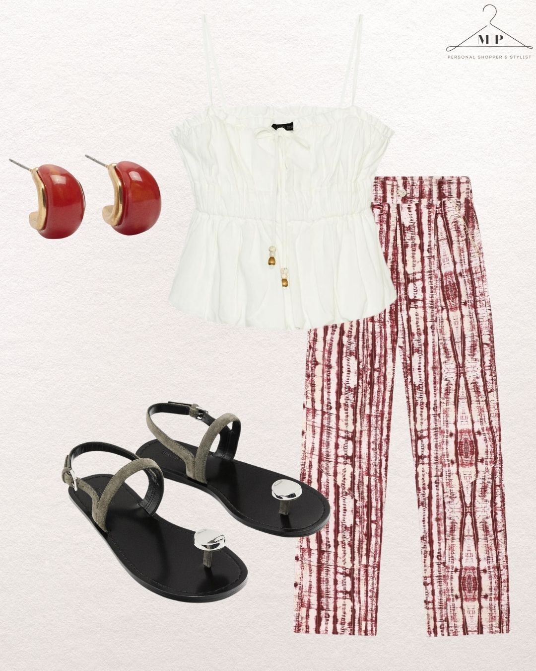 White ruffled top, red patterned pants, red earrings, and black sandals are laid out. Background is off-white with a logo in the corner. How to stay stylish in the heat