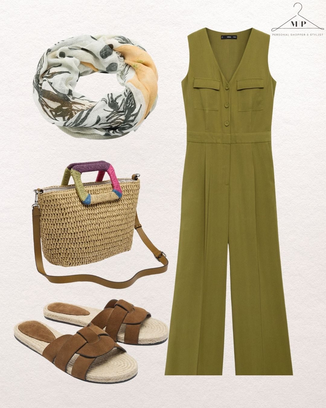 Olive green jumpsuit, patterned scarf, woven bag with colourful handle, and brown sandals on light background. Minimal, stylish ensemble. How to stay stylish in the heat