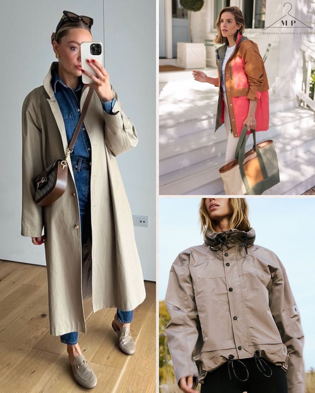 Three women in stylish outfits; one in beige coat taking a mirror selfie, another in pink-brown jacket outdoors, the third in tan jacket. Casual elegance.