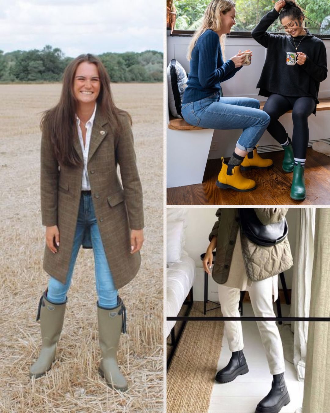 Woman in coat and boots smiles in field. Two women with mugs sit indoors wearing colourful boots. Another stands in boots near a bed.