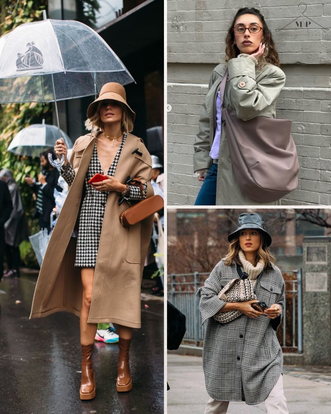 Fashionable women in stylish coats and hats. One holds an umbrella in a rainy street, another poses by a wall, and a third stands by a fence.