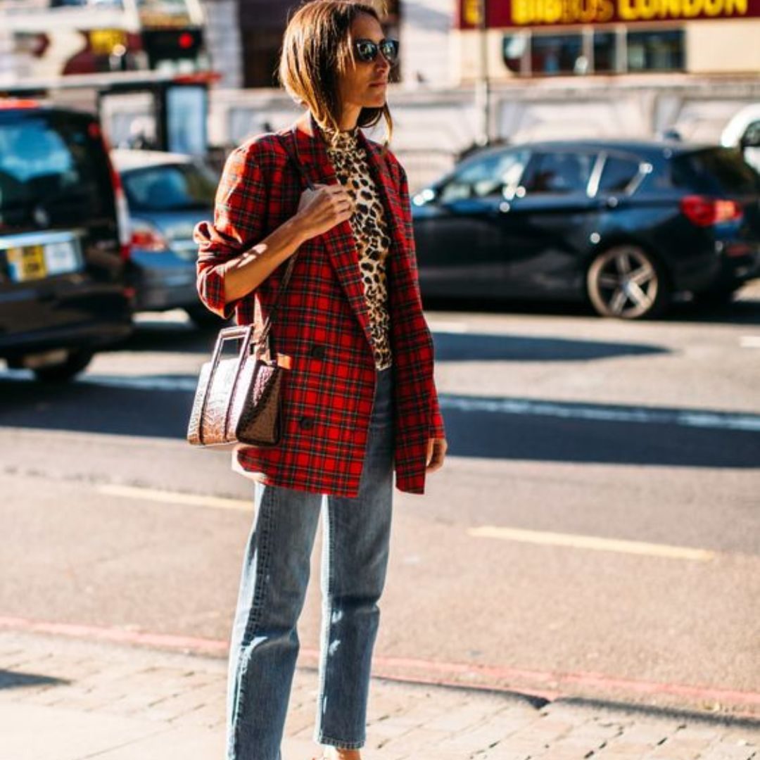 Outfit with bold printed blazer
